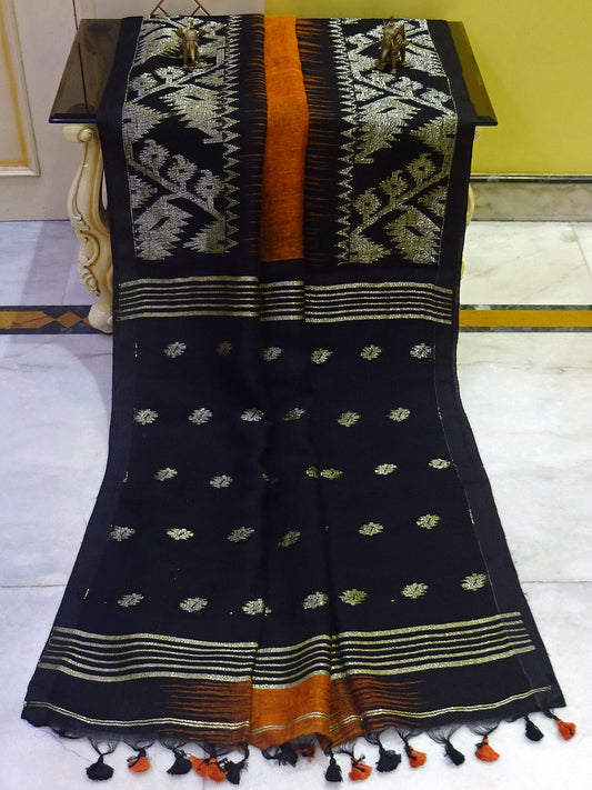 Woven Karat Work Border Linen Jamdani Saree in Burnt Orange and Black