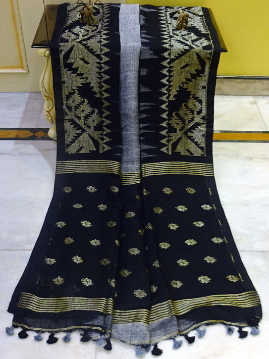 Woven Karat Work Border Linen Jamdani Saree in Cloud Grey and Black