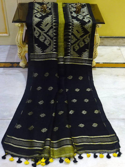 Woven Karat Work Border Linen Jamdani Saree in Corn Yellow and Black