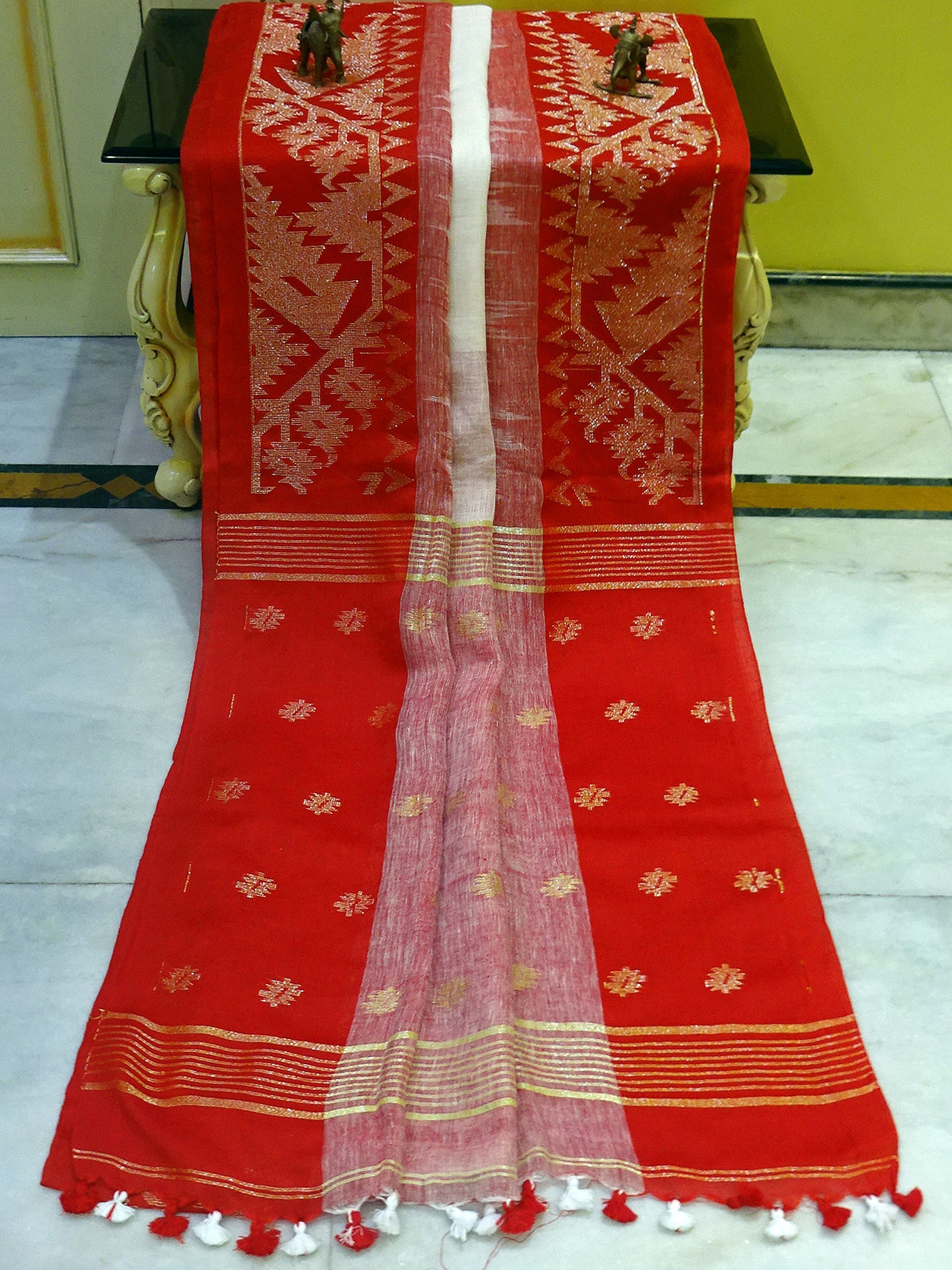 Woven Karat Work Border Linen Jamdani Saree in White and Red