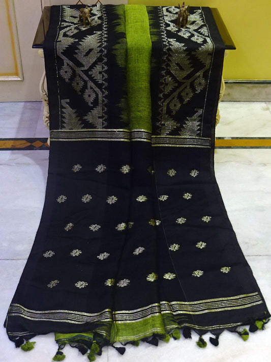 Woven Karat Work Border Linen Jamdani Saree in Tamarind Green and Black