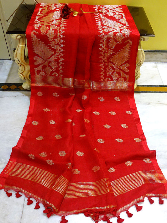 Woven Karat Work Border Linen Jamdani Saree in Red and Antique Silver