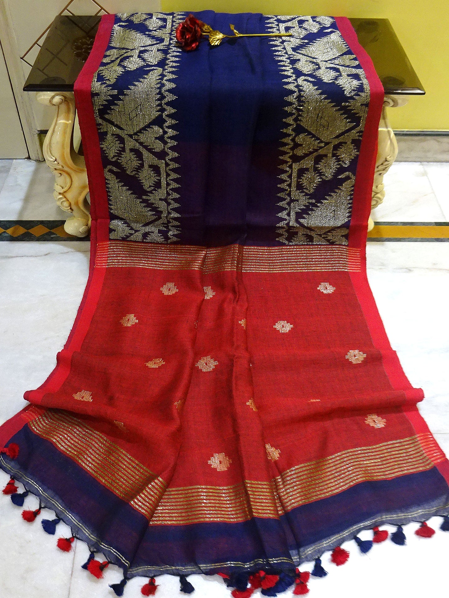 Woven Karat Work Border Linen Jamdani Saree in Prussian Blue and Red