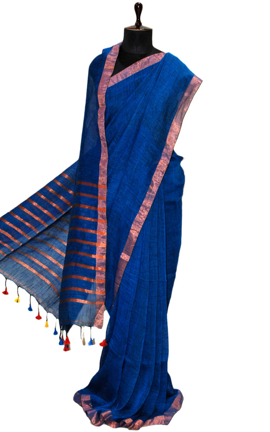 Smart Linen Saree with Stripe Pallu in Sapphire Blue and Copper Zari