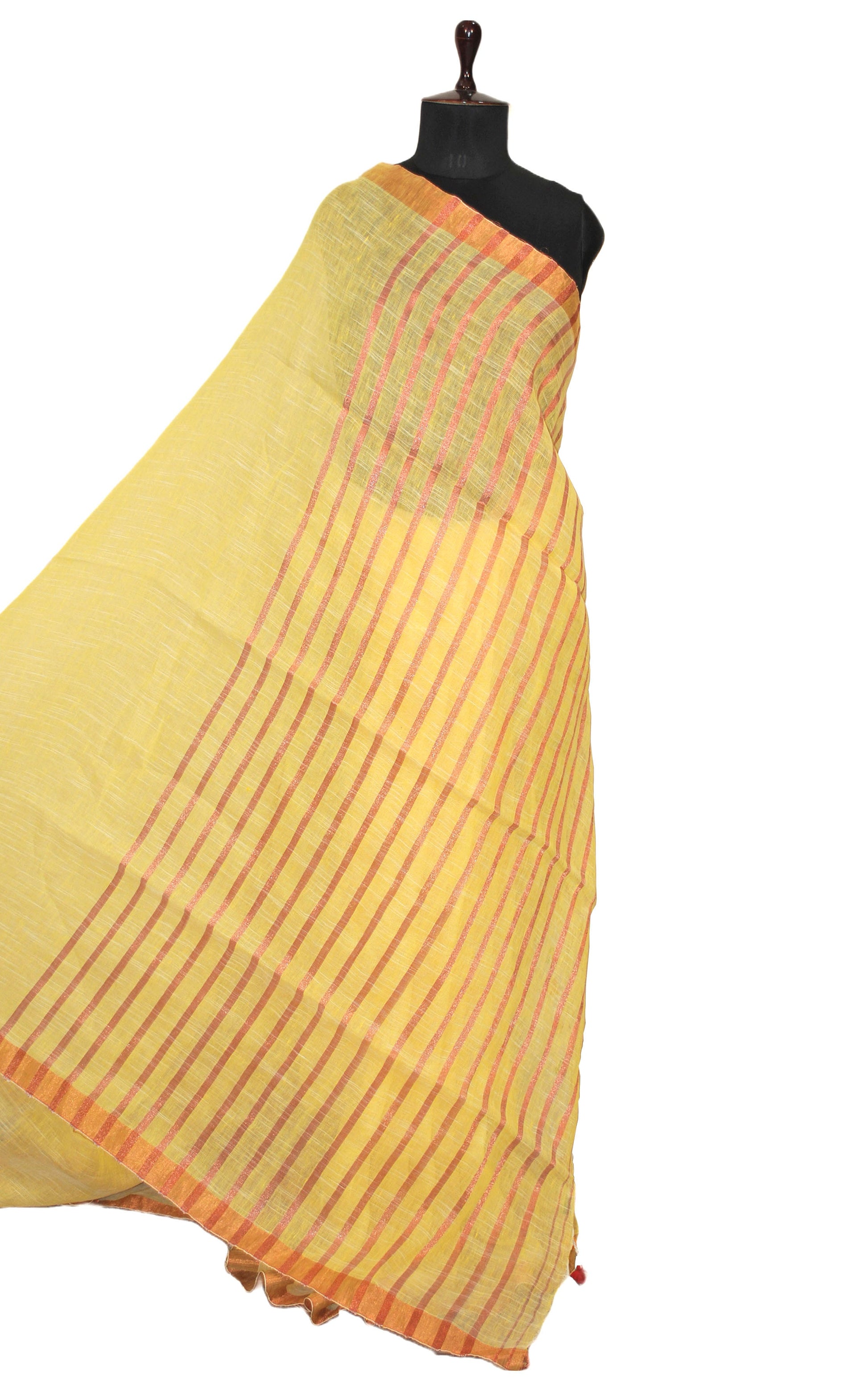 Smart Linen Saree with Stripe Pallu in Pastel Yellow, Off White and Copper Zari