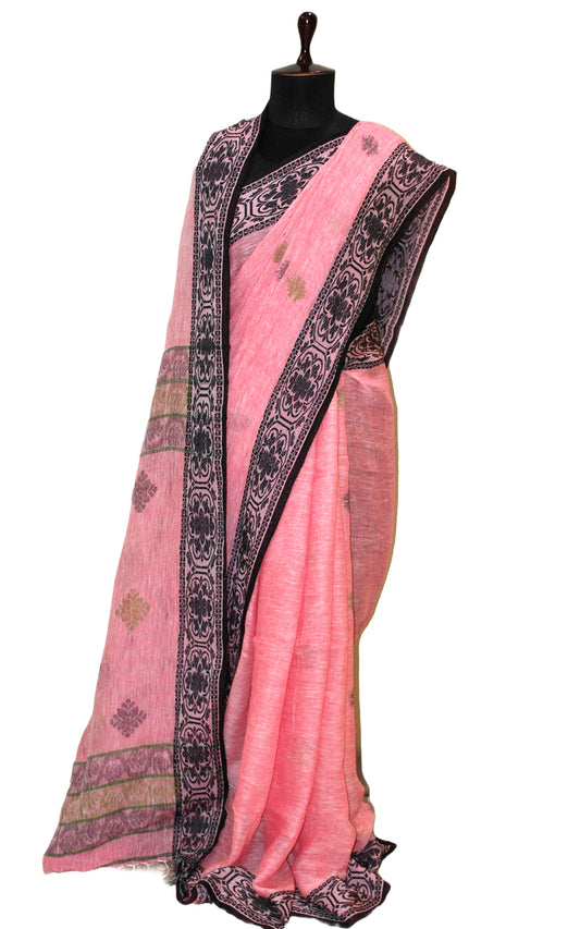 Exquisite Thread Nakshi Work Jacket Border Linen Jamdani Saree in English Pink, Black and Fern Green