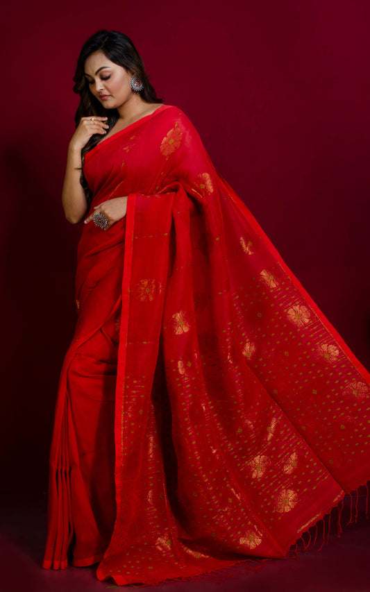 Border less Cotton Linen Banarasi Saree in Crimson Red, Sheen Green and Antique Gold