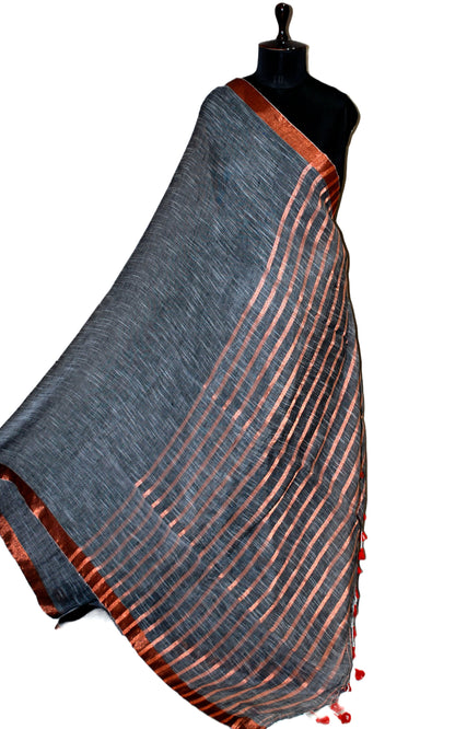 Smart Linen Saree with Stripe Pallu in Steel Grey, Off White and Copper Zari