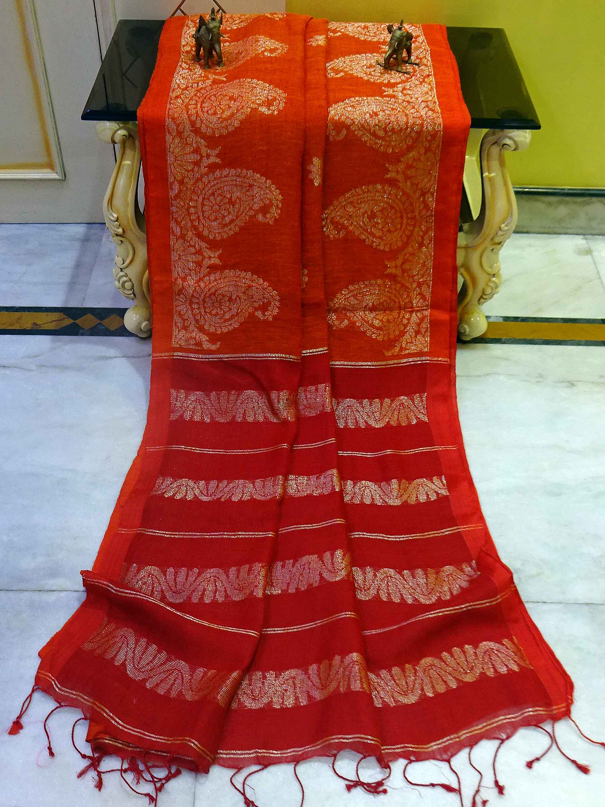 Woven Paisley Motif Work Border Linen Jamdani Saree in Fire Orange, Red and Antique Silver