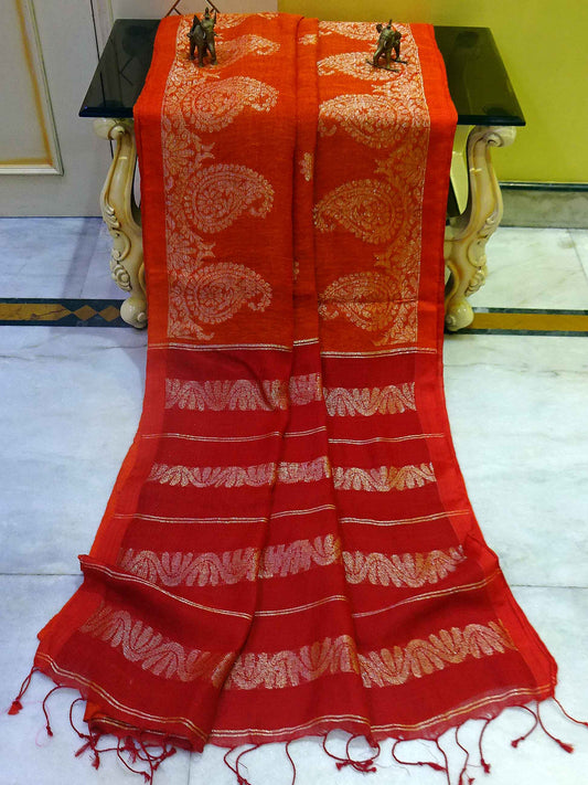 Woven Paisley Motif Work Border Linen Jamdani Saree in Fire Orange, Red and Antique Silver