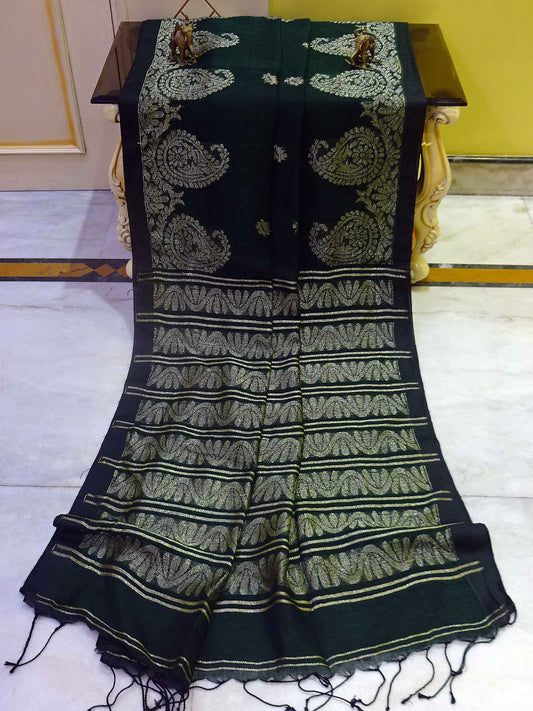 Woven Paisley Motif Work Border Linen Jamdani Saree in Dark Bottle Green and Antique Silver