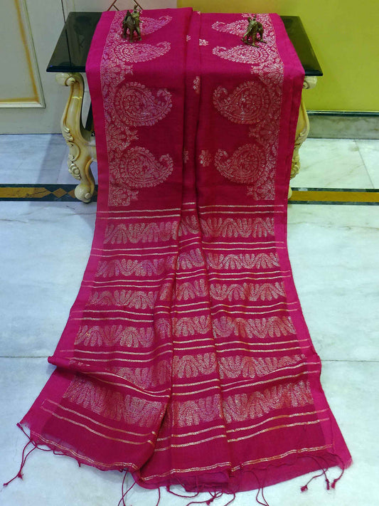 Woven Paisley Motif Work Border Linen Jamdani Saree in Hot Pink and Antique Silver