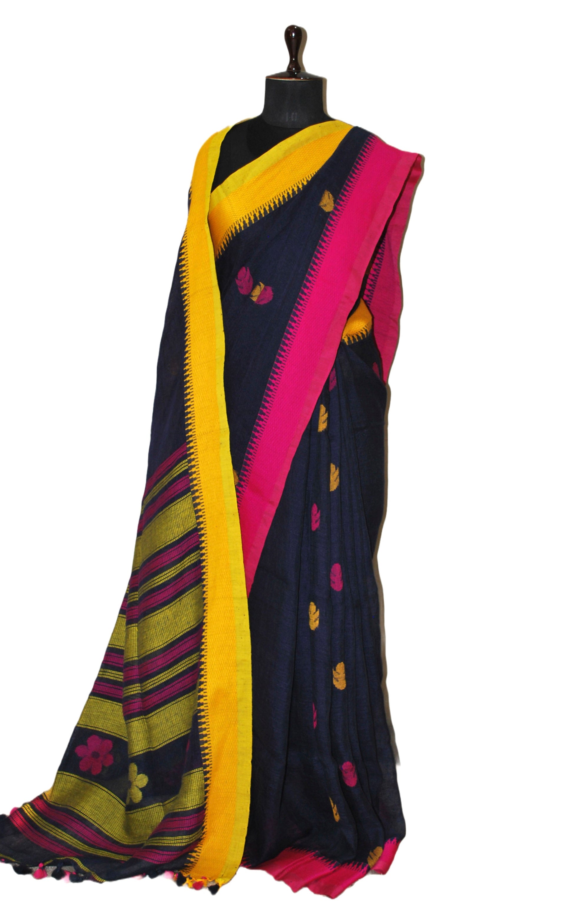 Premium Quality Traditional Linen Jamdani Saree in Ink Blue, Hot Pink and Golden Yellow