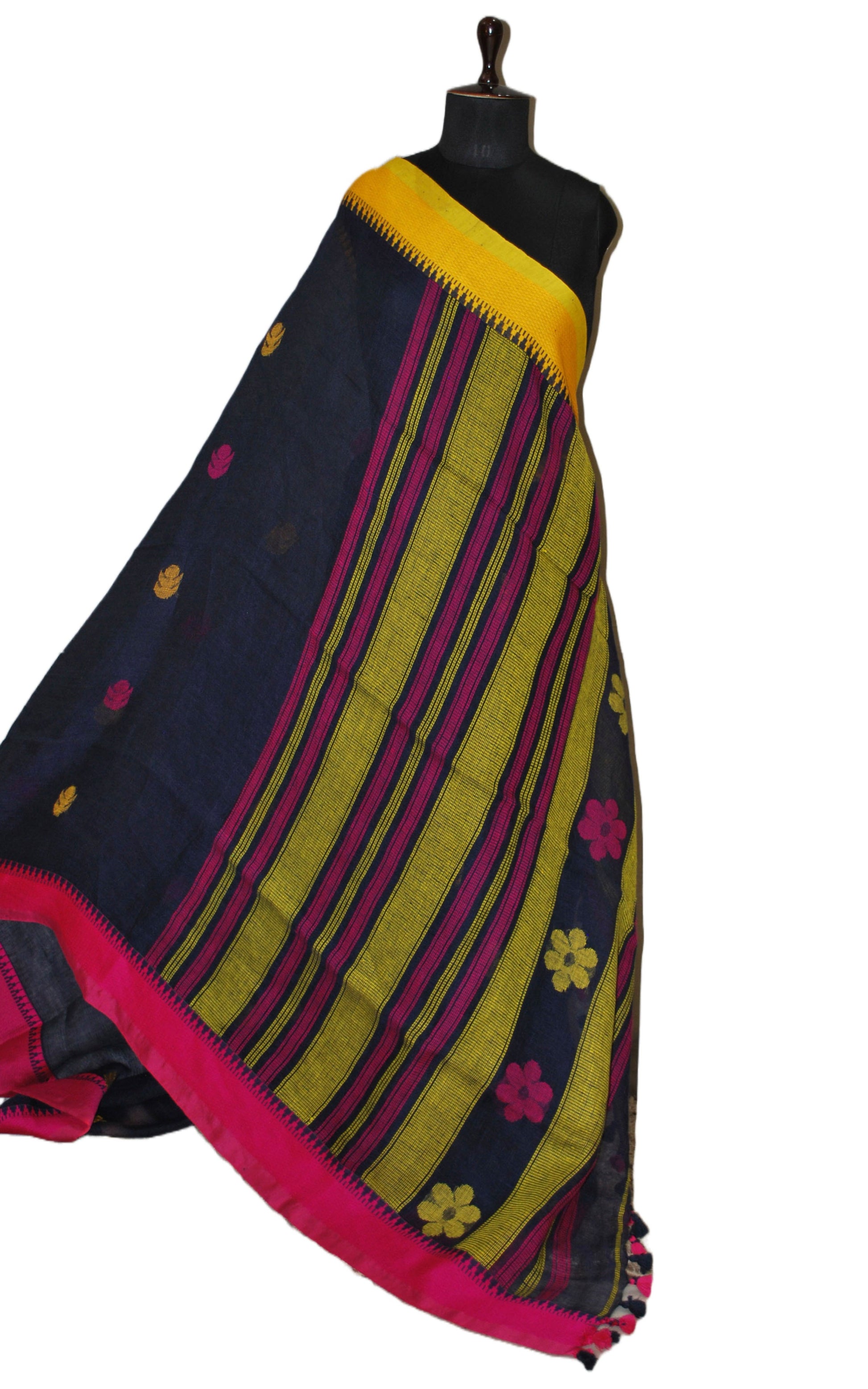 Premium Quality Traditional Linen Jamdani Saree in Ink Blue, Hot Pink and Golden Yellow