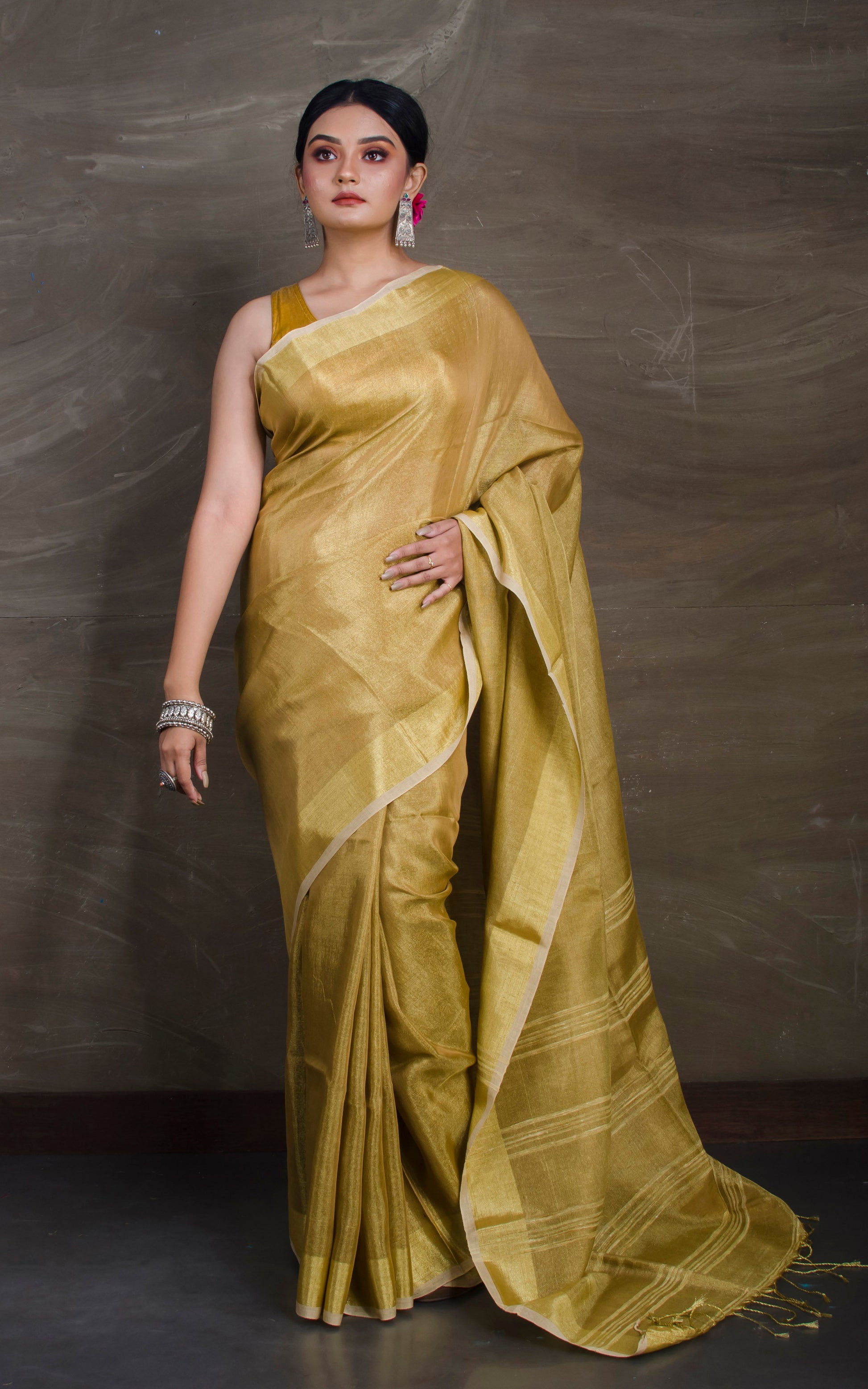 Woven Tissue Linen Saree in Natural Golden and Beige