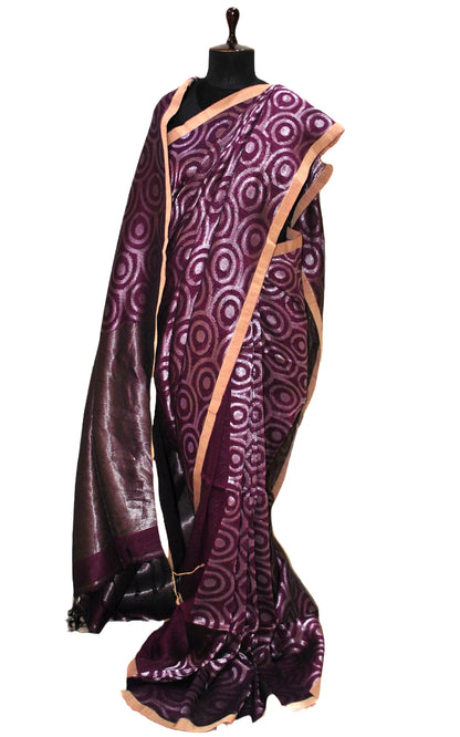 Chakram Motif Designer Brocade Linen Saree in Purple and Silver