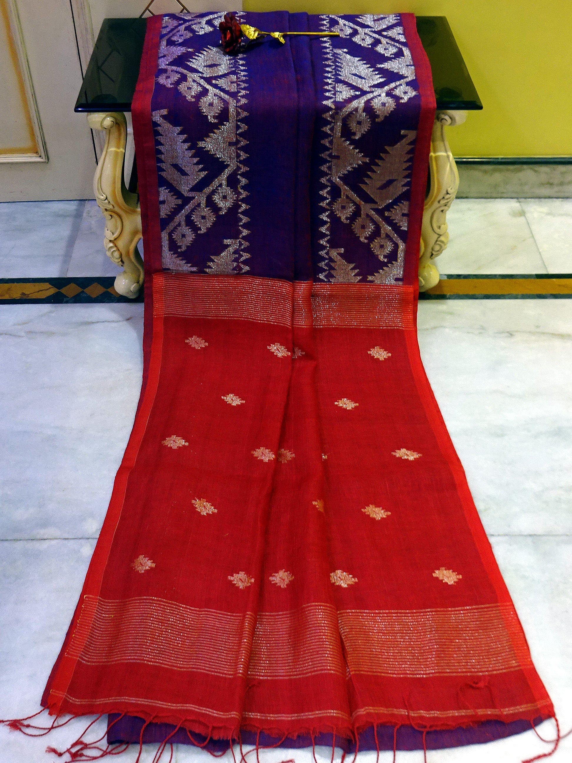 Woven Karat Work Border Linen Jamdani Saree in Purple and Dark Red