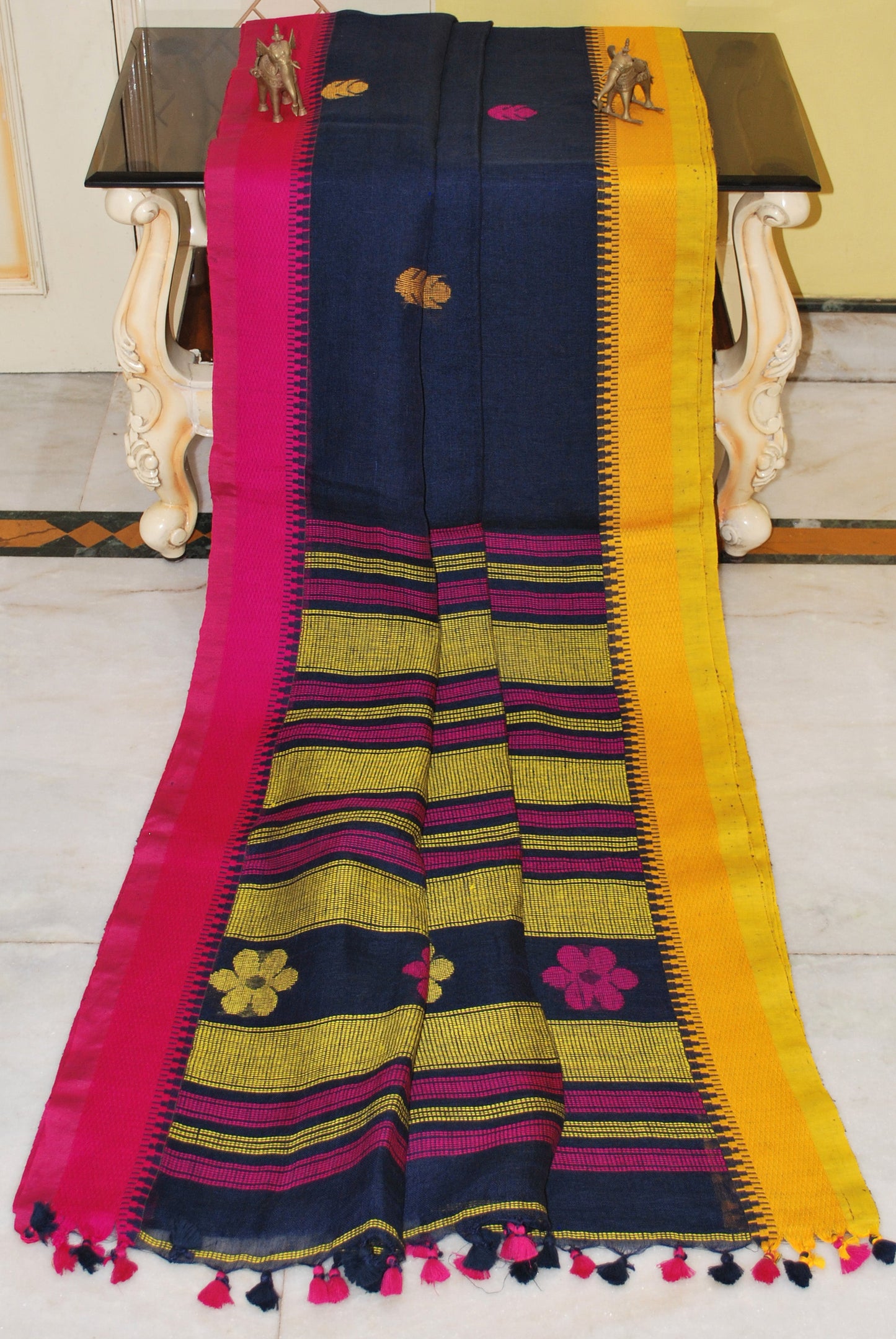 Premium Quality Traditional Linen Jamdani Saree in Ink Blue, Hot Pink and Golden Yellow