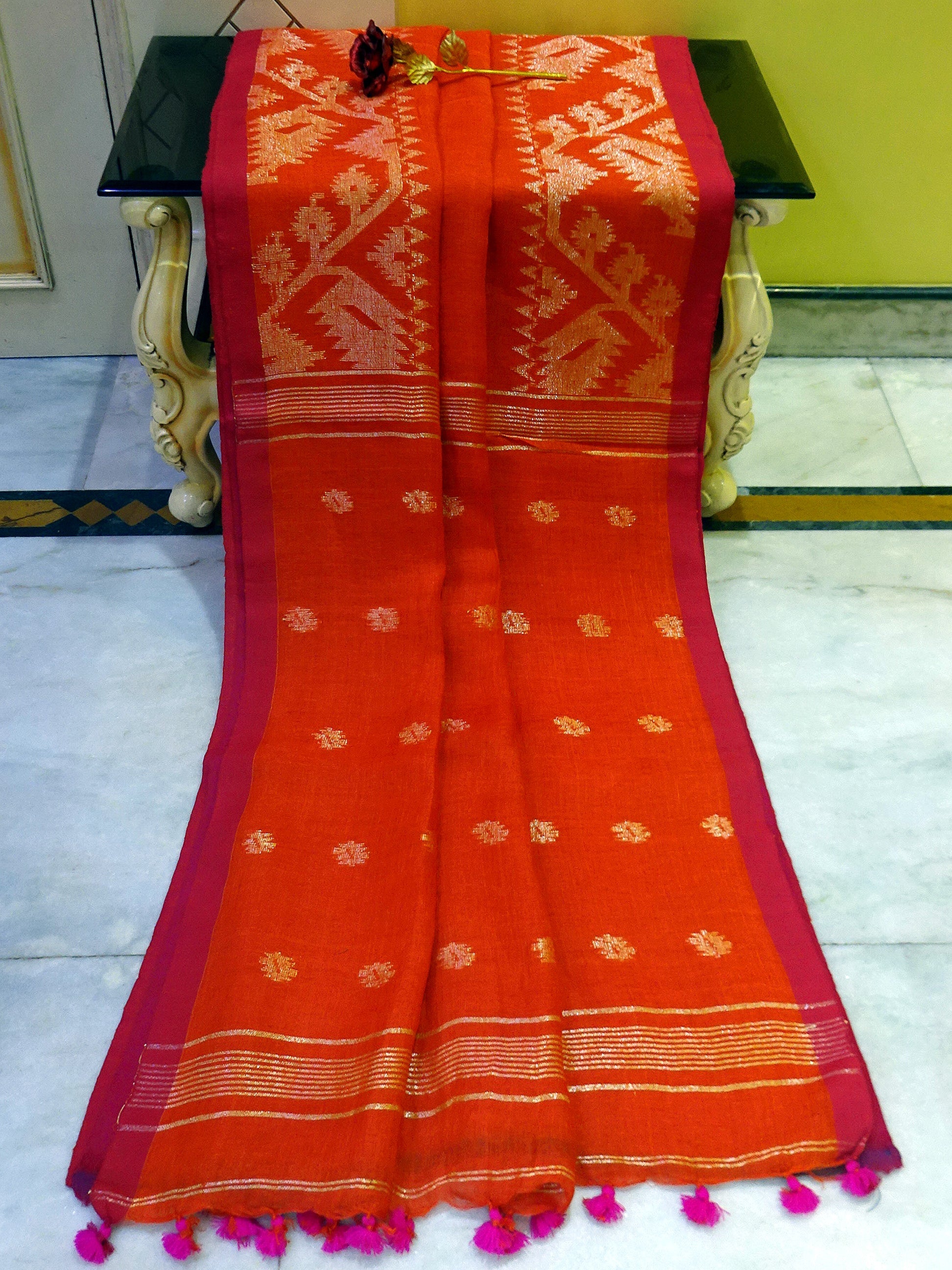 Woven Karat Work Border Linen Jamdani Saree in Burnt Orange and Hot Pink