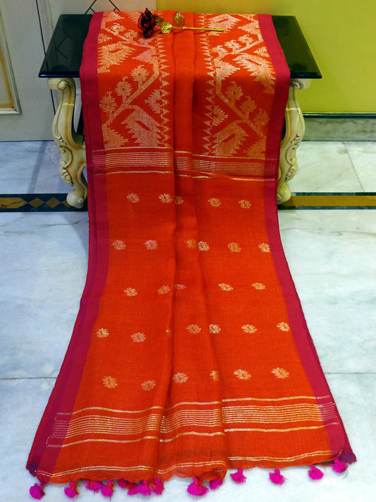 Woven Karat Work Border Linen Jamdani Saree in Burnt Orange and Hot Pink