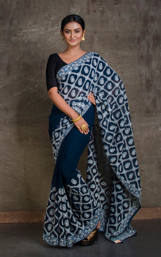 Thread Work Lucknow Chikankari Designer Saree in Midnight Blue and White