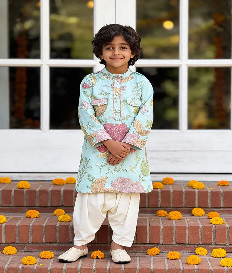 Luxe Aqua Embroidery Kurta with Off White Salwar for Boys