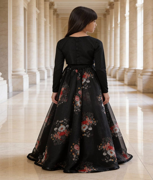 Luxe Black Silk Black Organza Printed Lehenga with Choli Printed Organza Dupatta for Girls
