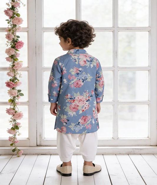 Luxe Blue Printed Kurta with Off White Salwar for Boys