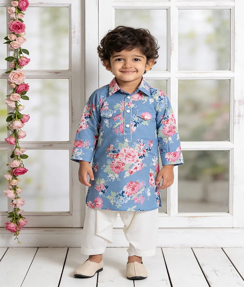 Luxe Blue Printed Kurta with Off White Salwar for Boys