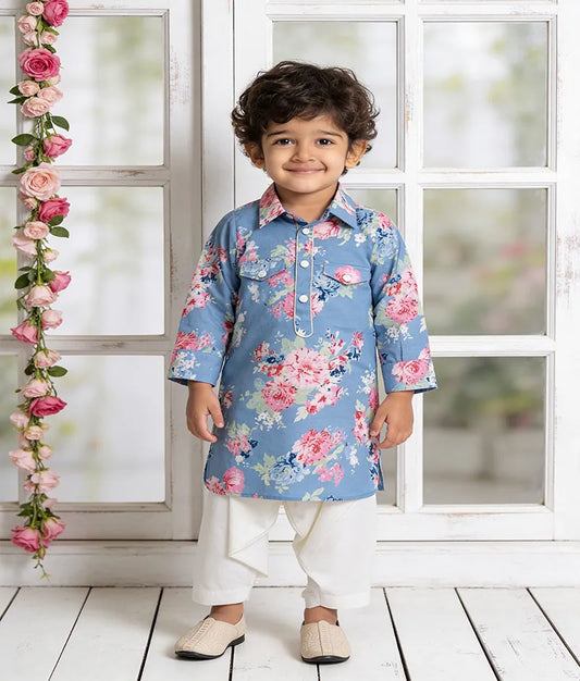 Luxe Blue Printed Kurta with Off White Salwar for Boys