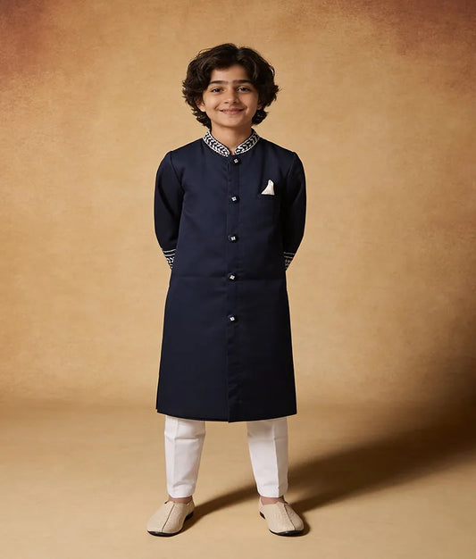 Luxe Blue Silk Achkan and Off white Pant for Boys