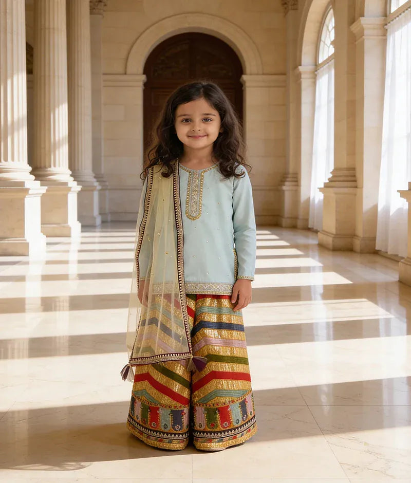 Luxe Blue Silk Embroidery Sharara with Kurti Boti Net Dupatta for Girls