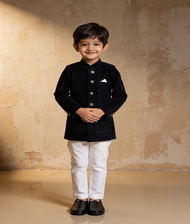 Luxe Blue Velvet Bandgala for Boys with Pant