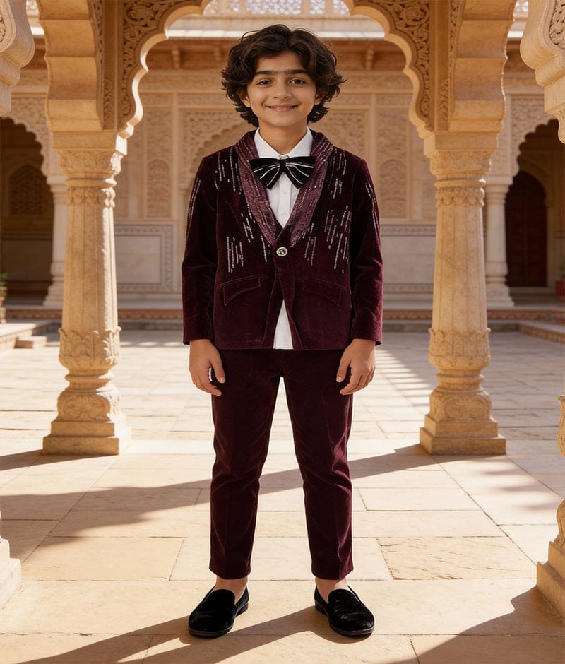 Luxe Burgundy Velvet Coat Shirt Pant for Boys