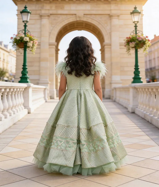 Luxe Green Gota Embroidery Gown for Girls