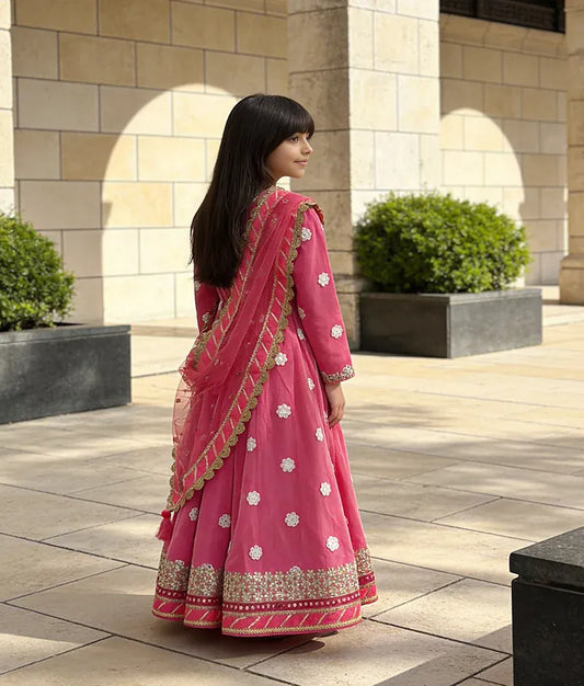 Luxe Hot Pink Mirror Booti Anarkali with Boti Net Dupatta for Girls