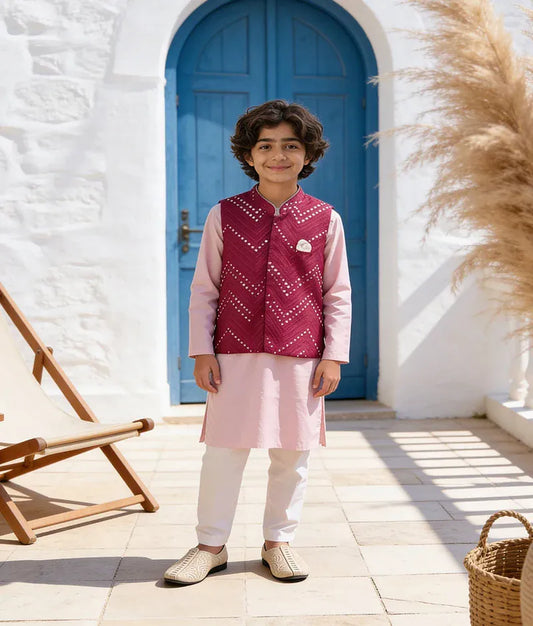 Luxe Hot Pink Mirror Work Jacket with Pink Kurta Pant for Boys