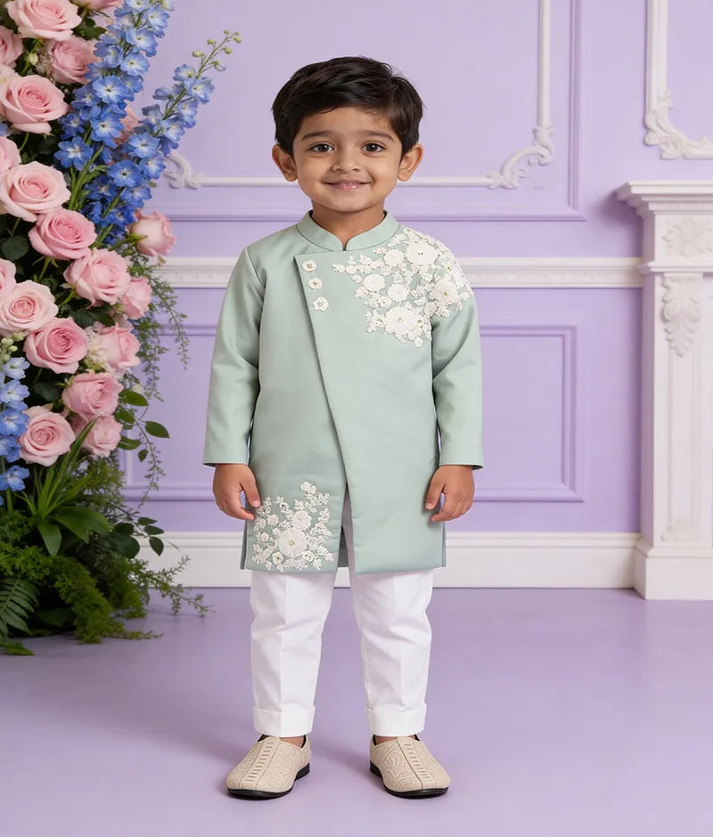 Luxe Light Green Embroidery Achkan with Pant for Boys