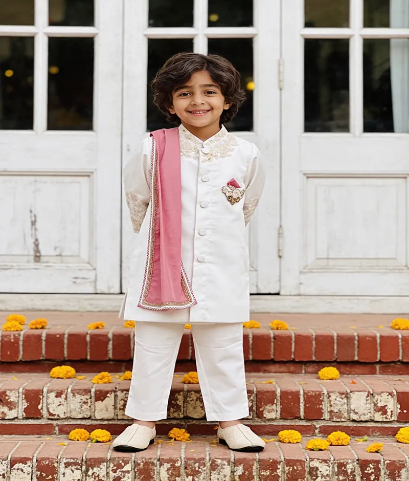 Luxe Off white Achkan with Stole Pant for Boys