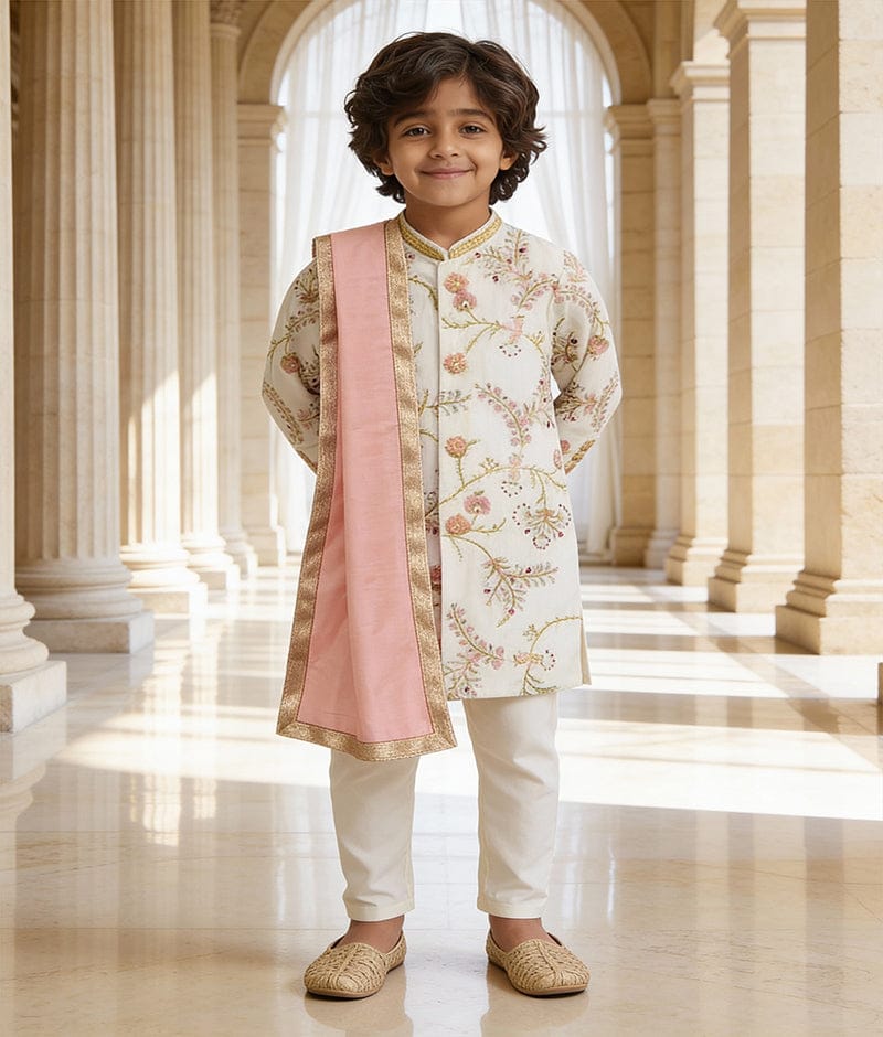 Luxe Off white Embroidery Sherwani with Off White Chudidar for Boys