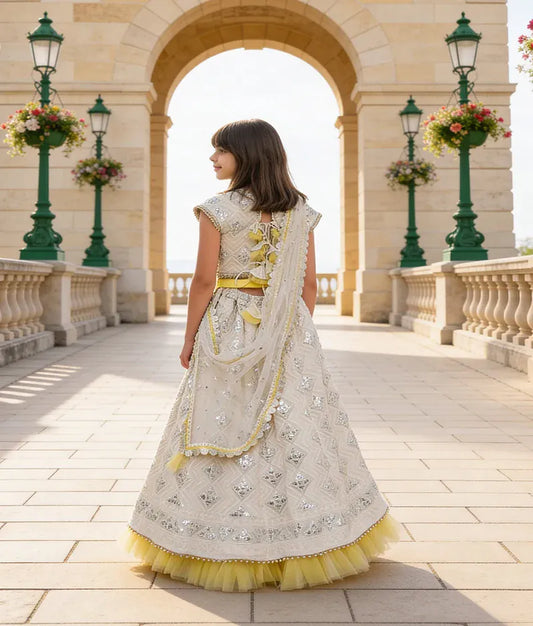 Luxe Off white Gota Embroidery Lehenga with Choli Boti Net Dupatta for Girls