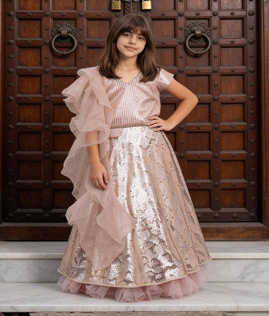 Luxe Peach Sequins Embroidery Lehenga with Choli Organza Dupatta for Girls