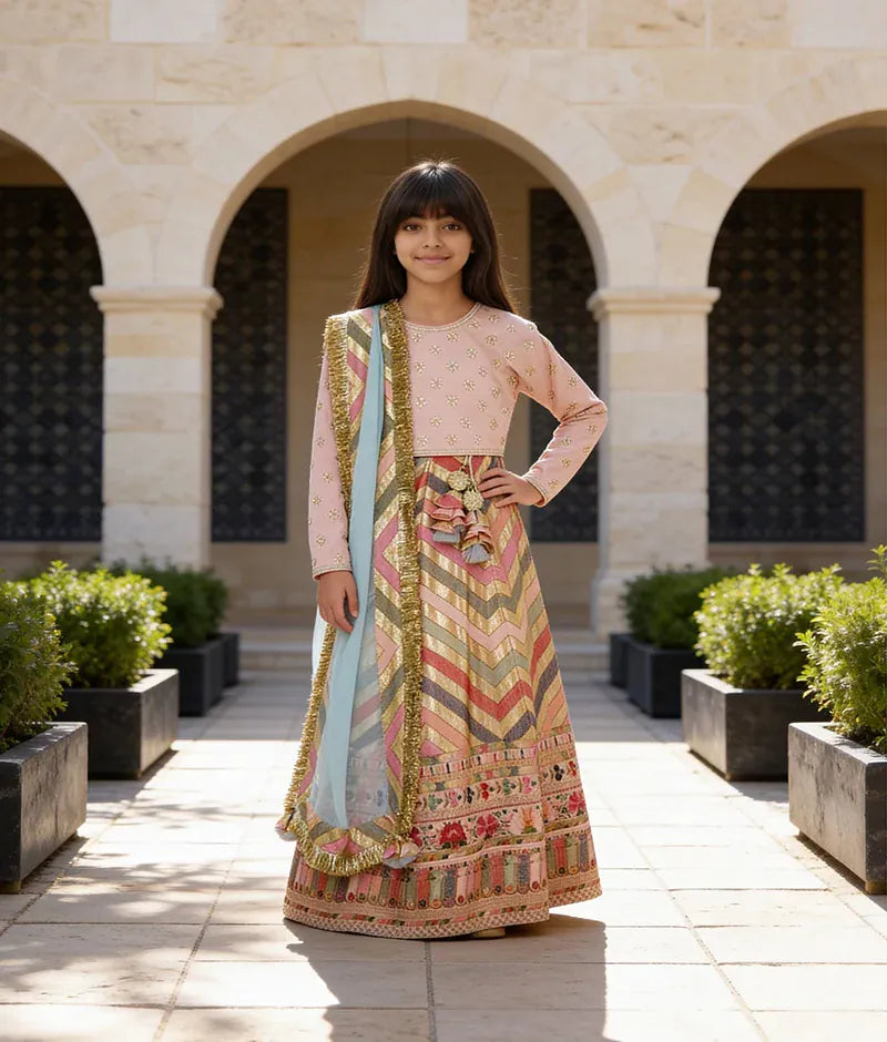 Luxe Peach Silk Flower Boti Embroidery Lehenga with Choli Organza Dupatta for Girls