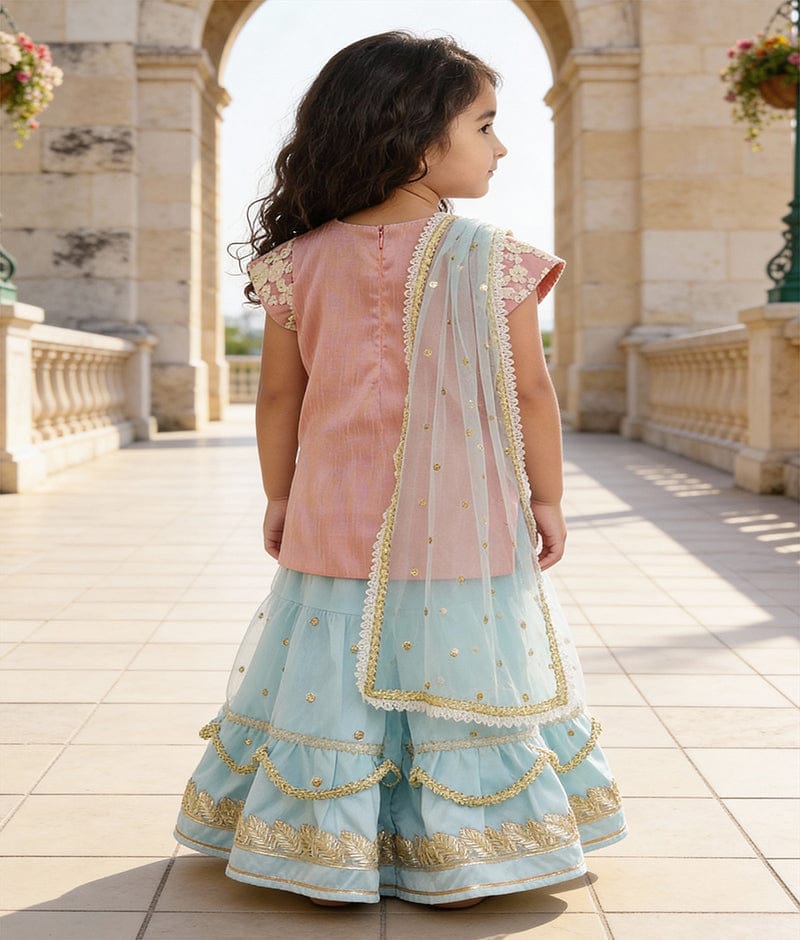 Luxe Pink Embroidery Acqua Boti Net Sharara with Kurti Boti Net Dupatta for Girls