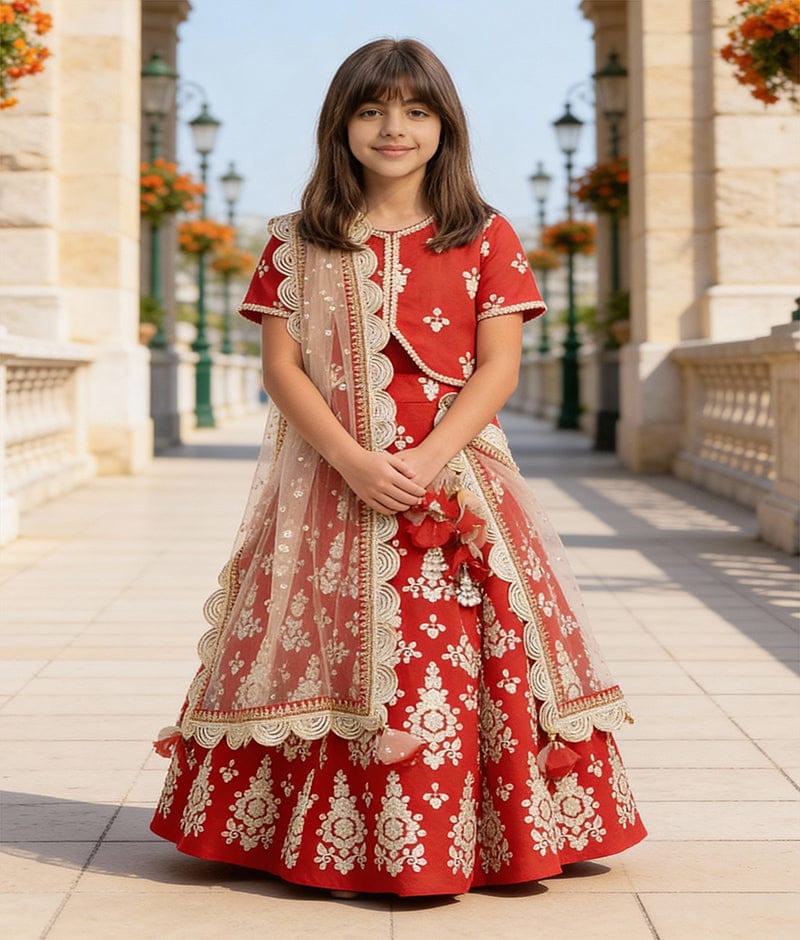 Luxe Red Gota Embroidery Lehenga with Choli Beige Boti Net Dupatta for Girls