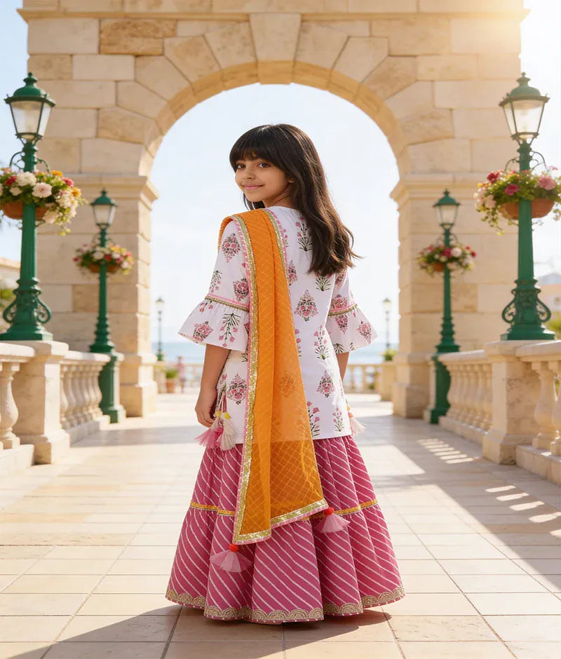 Luxe White Cotton Pink Printed Sharara with Kurti Dupatta for Girls