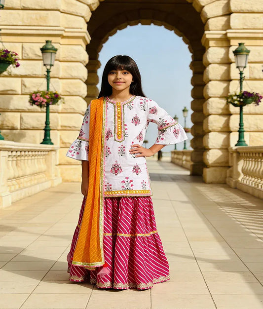 Luxe White Cotton Pink Printed Sharara with Kurti Dupatta for Girls