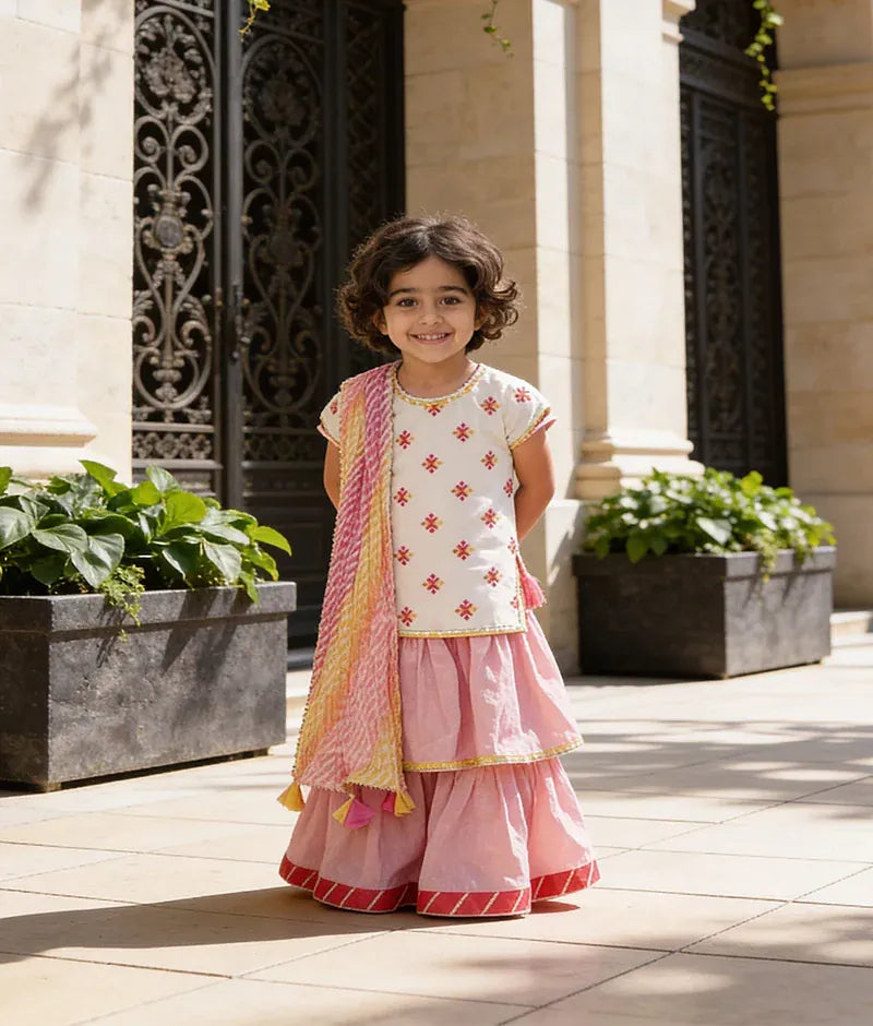 Luxe White Multi Color Booti Pink Cotton Sharara with Kurti Lehriya Dupatta for Girls