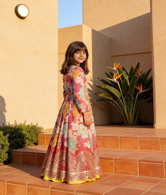 Luxe Yellow Anarkali with Printed Georgette Jacket for Girls