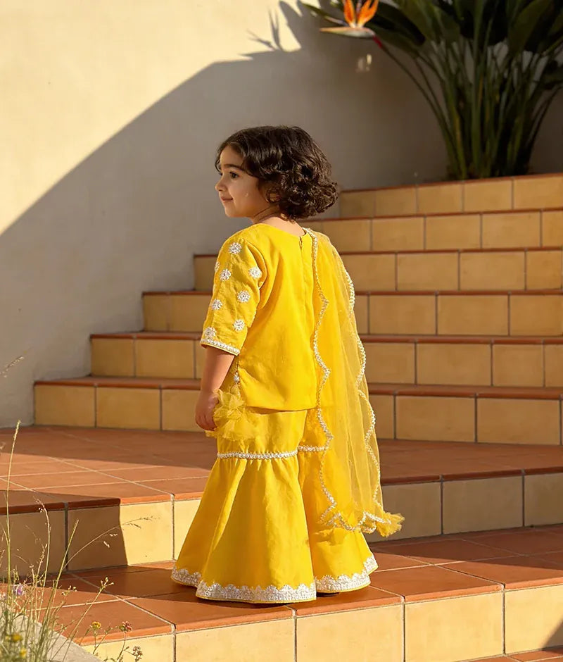 Luxe Yellow Embroidery Sharara with Kurti Net Dupatta for Girls